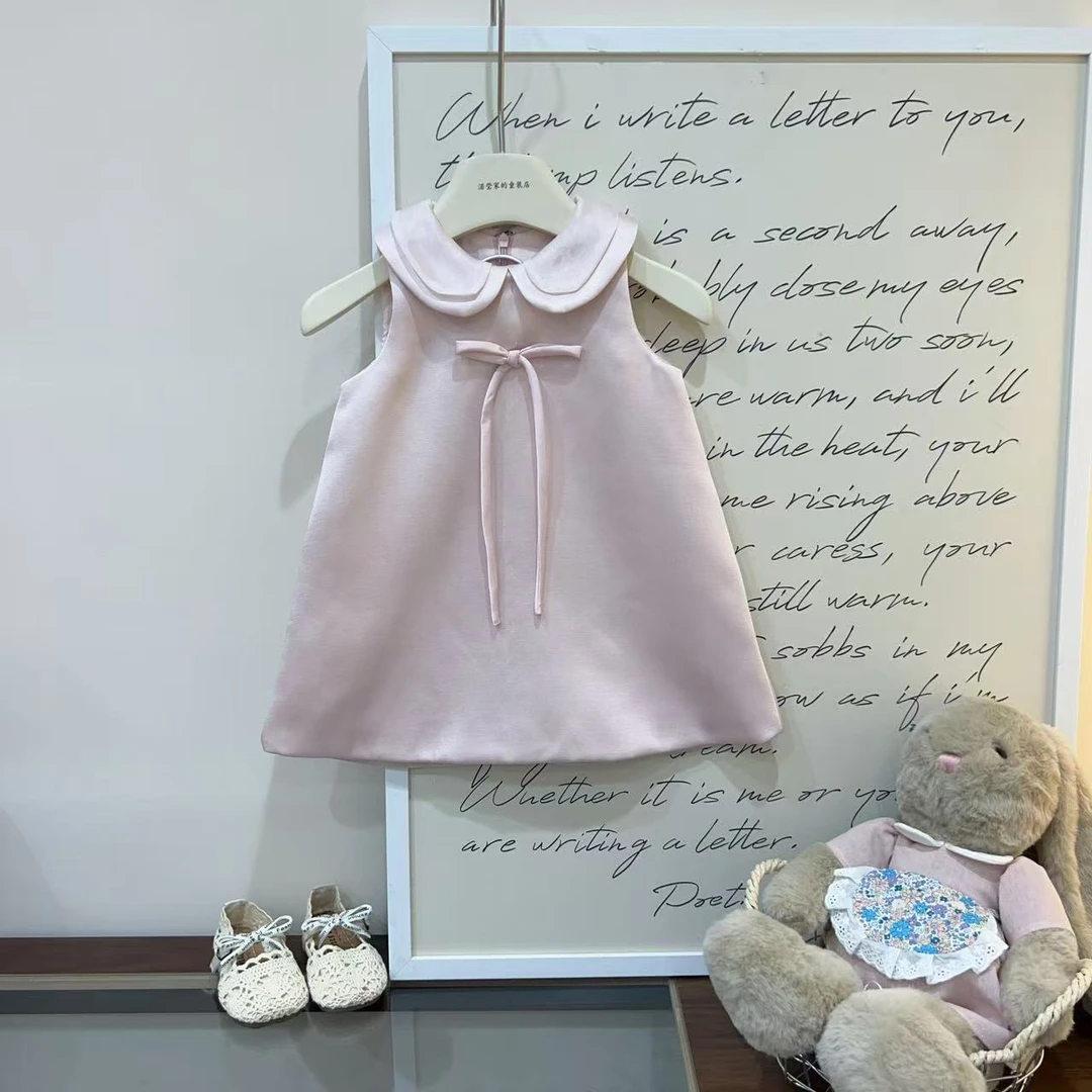 女童生日缎面礼服裙子粉色气质蝴蝶结背心裙宝宝周岁宴裙