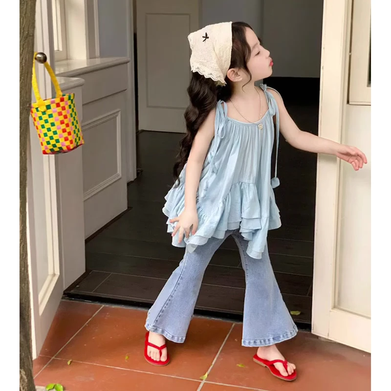 韩版女童夏日新款时尚吊带衫搭配宽松牛仔裤两件套装