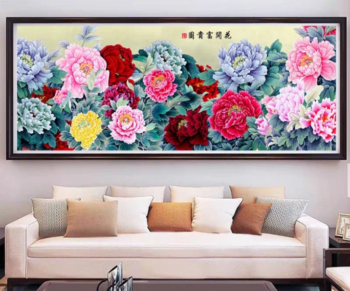 2.3大格纯手工绣好的十字绣成品138国画牡丹花开富贵客厅装饰挂画