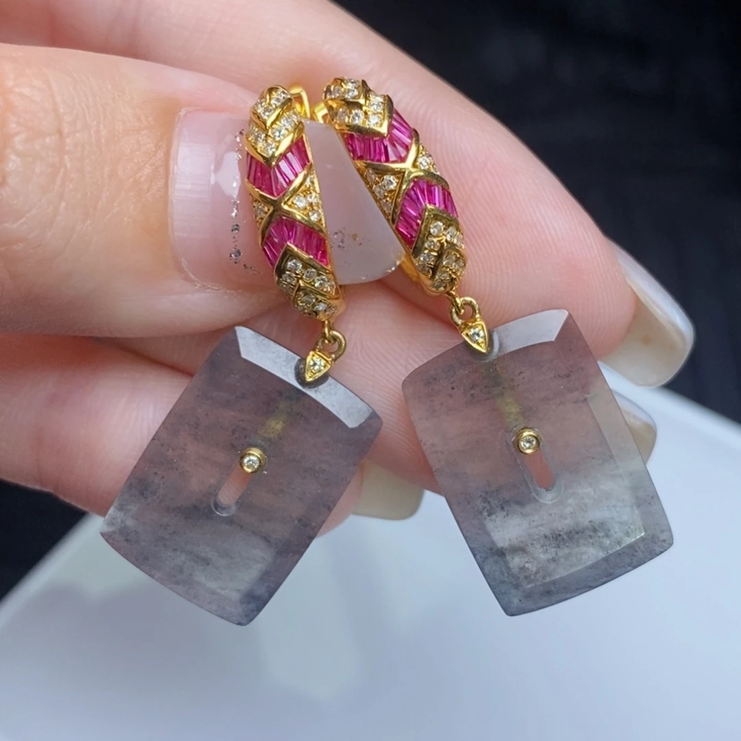 翡翠18K金镶嵌耳饰黑钢福贝