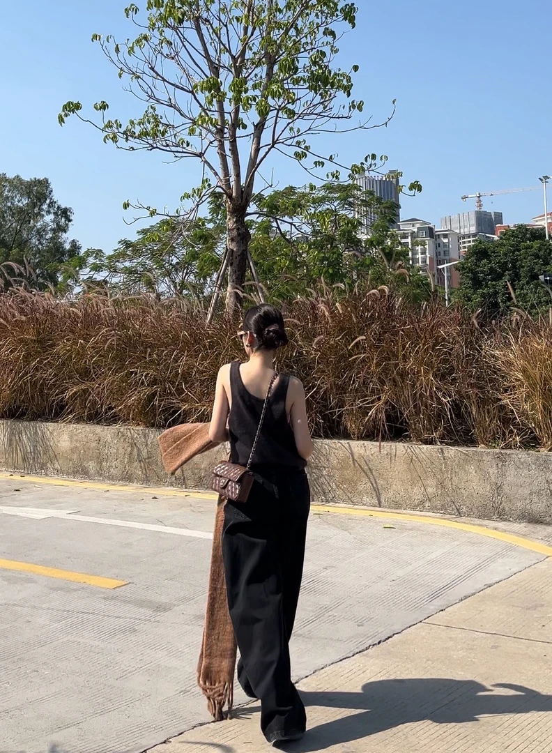 qiangu*立体裁剪廓形休闲黑色裤子弯刀裤女春季