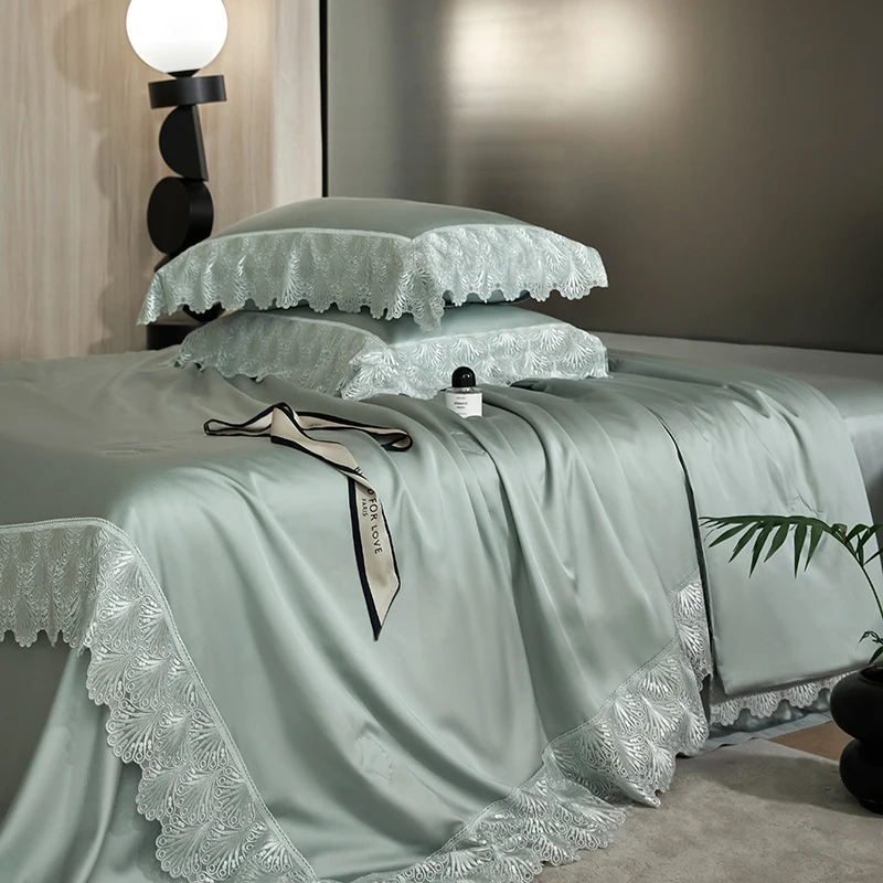 夏季轻奢空调被四件套公主风蕾丝夏被套件高档蕾丝可水洗夏被套件