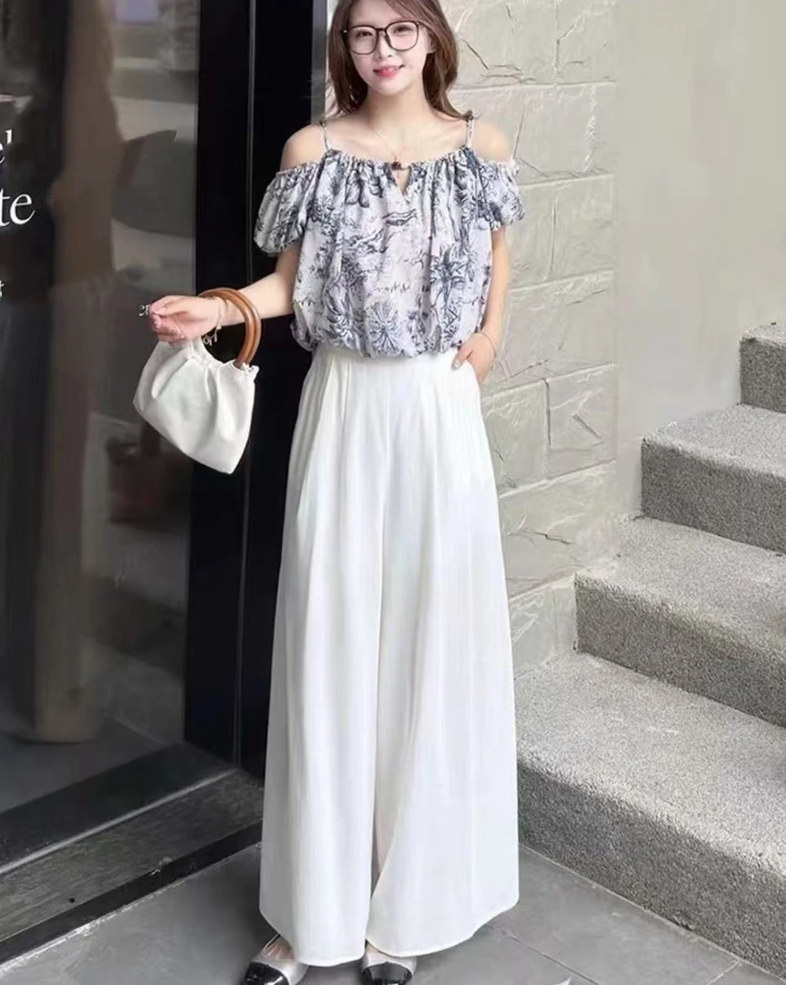 【H72】水#露肩吊带上衣+休闲裤【套装】