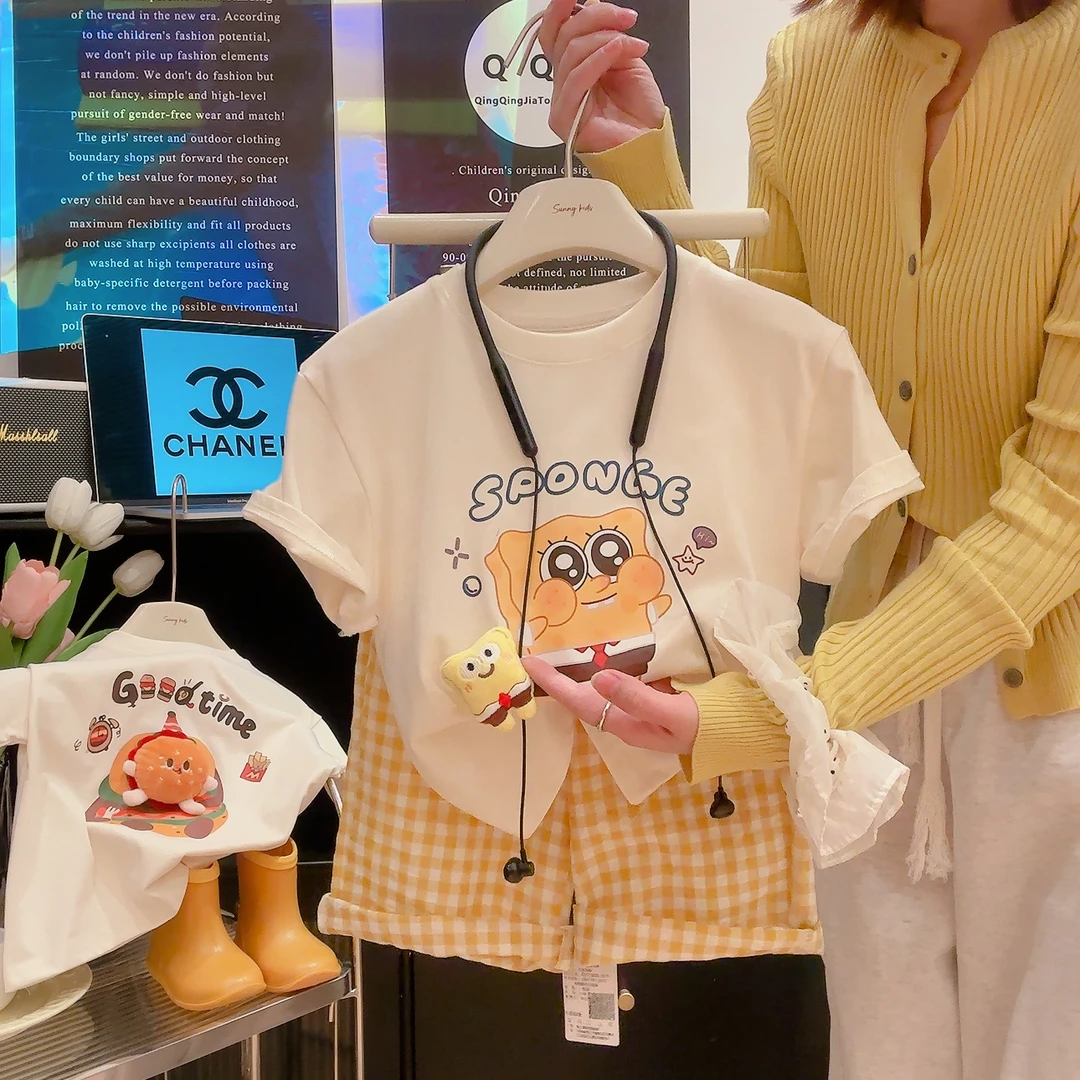 A类100棉儿童短袖纯棉T恤女童男童成人亲子短袖洋气夏季汉堡短袖