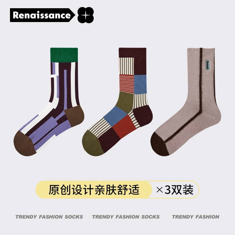 Renaissance原创袜子女中筒棉袜四季款圆点条纹时尚袜