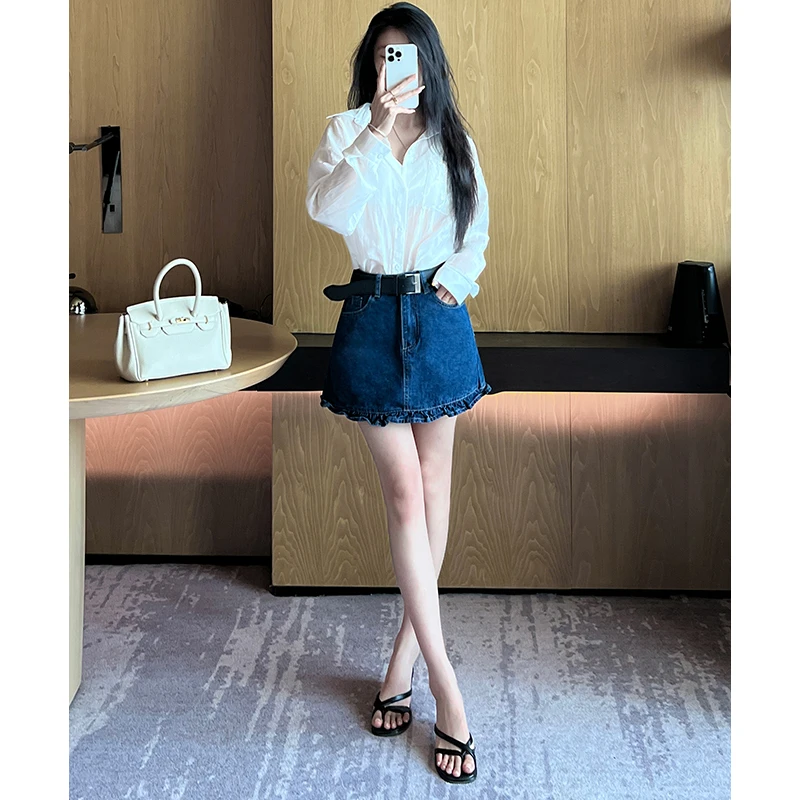 2025年秋季新款韩系高腰牛仔裙百搭时尚木耳边A字防走光半身短裙
