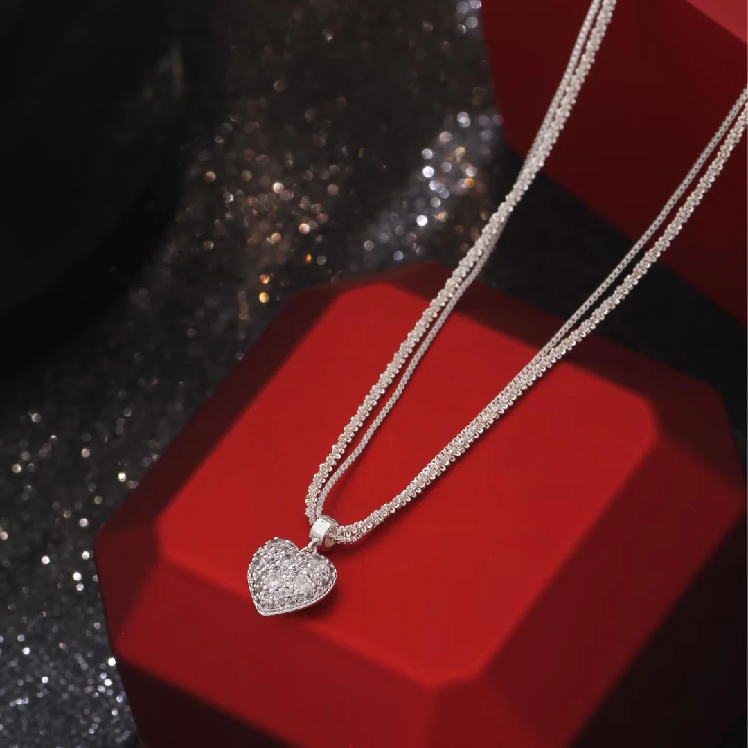 铜合金项链 《货号9446》双层爱心满镶项链锁骨链颈链（链长40+5）