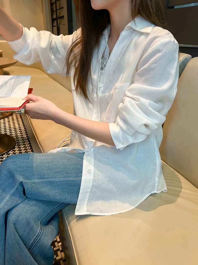 【加州恋人】春季款蕾丝花边V领衬衫苎麻天丝面料舒服透气休闲衬衣