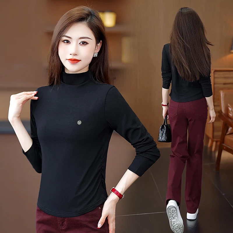 时尚半高领拼接长袖t恤女2025秋冬新款纯色修身显瘦高领打底衫潮