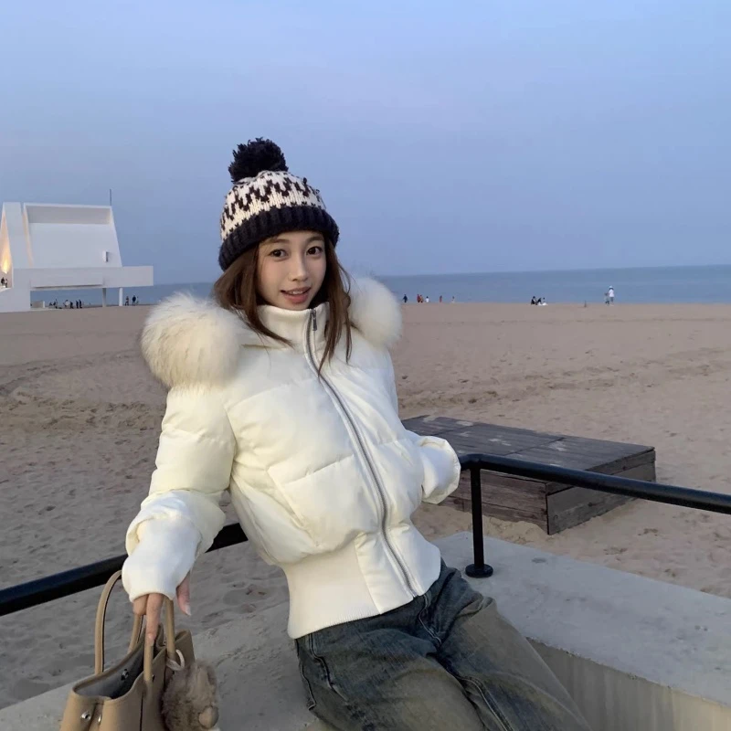 大毛领绒内胆收腰羽绒棉服女冬季新款连帽显瘦加厚90白鸭绒外套