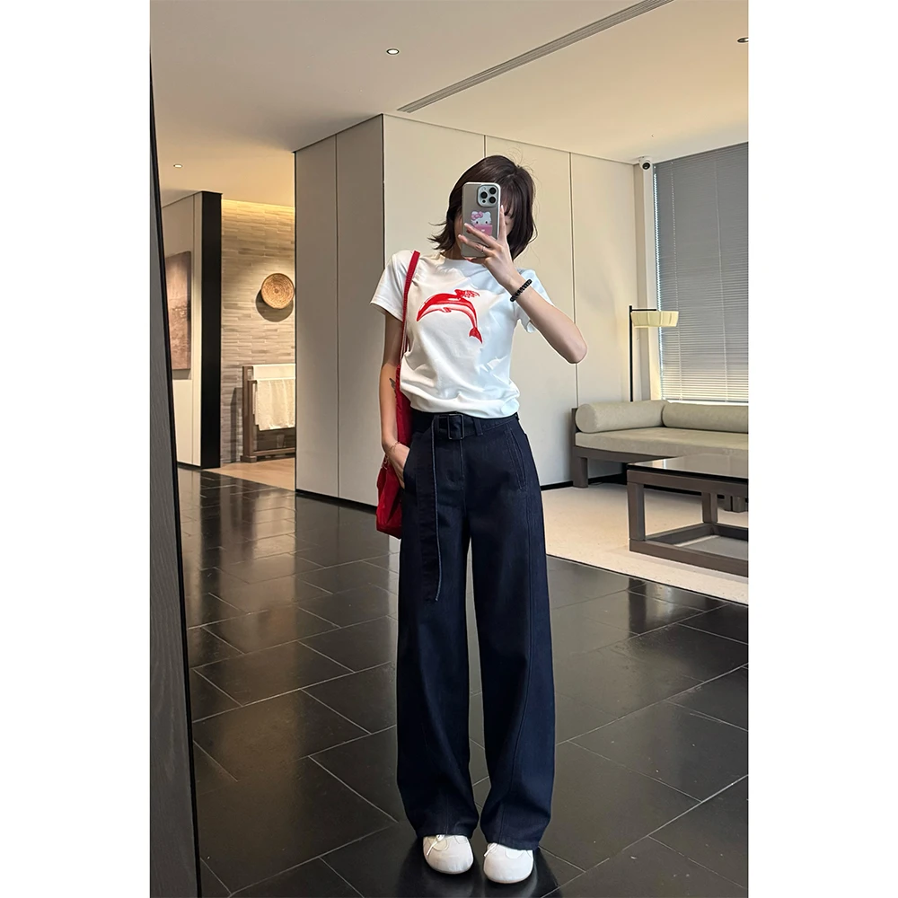 王家有鱼牛仔腰带阔腿裤女春夏季显瘦复古设计水洗牛仔长裤38007