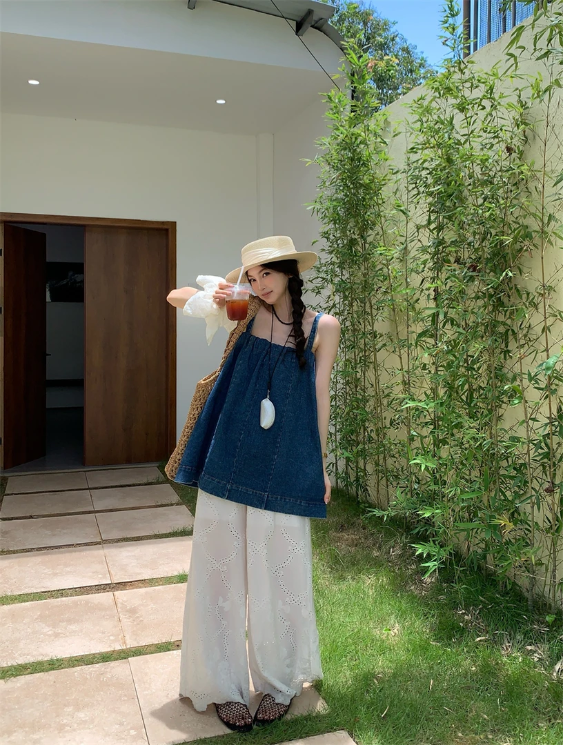 牛仔旋律~复古牛仔吊带上衣长短款宽松长裙(肩带可调节)