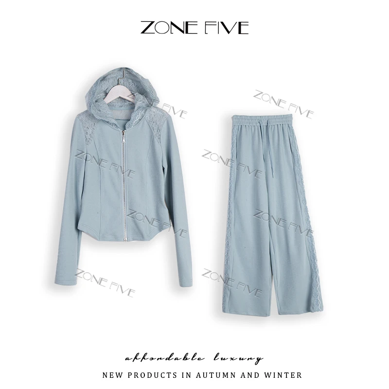 【zonefive】春秋新款连帽拉链卫衣阔腿裤两件套运动套装女