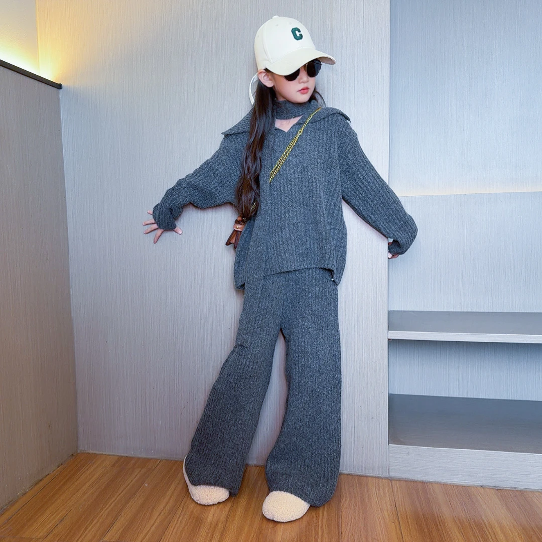 女童针织领结套装2025秋冬新款韩系松弛感毛衣宽松阔腿裤两件套