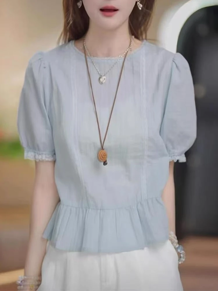 法式圆领蕾丝花边感棉布上衣女2025夏季新款休闲宽松绝美漂亮小衫