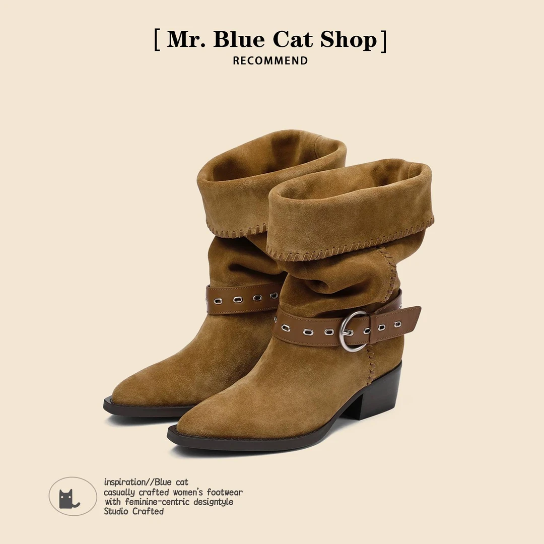 【DR官方正品】OMG！版~棕色西部牛仔短靴女2025秋新款覆古尖头骑