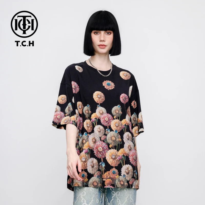 TCH轻奢烫钻繁花簇锦印花T恤男女同款25夏新款T75B106052私服tch