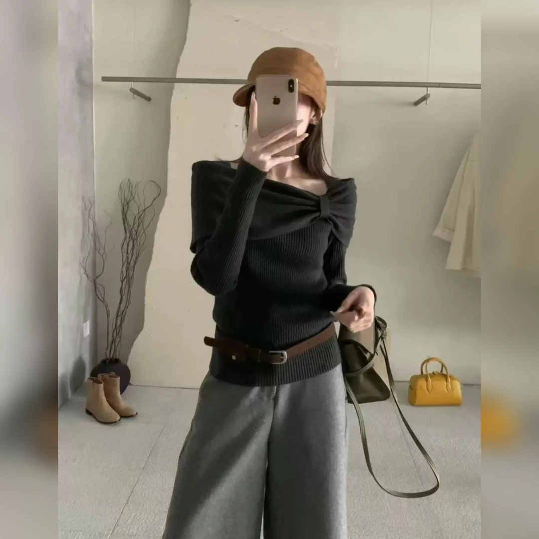 51026 （衣长48）法式名媛气质蝴蝶结一字肩针织衫