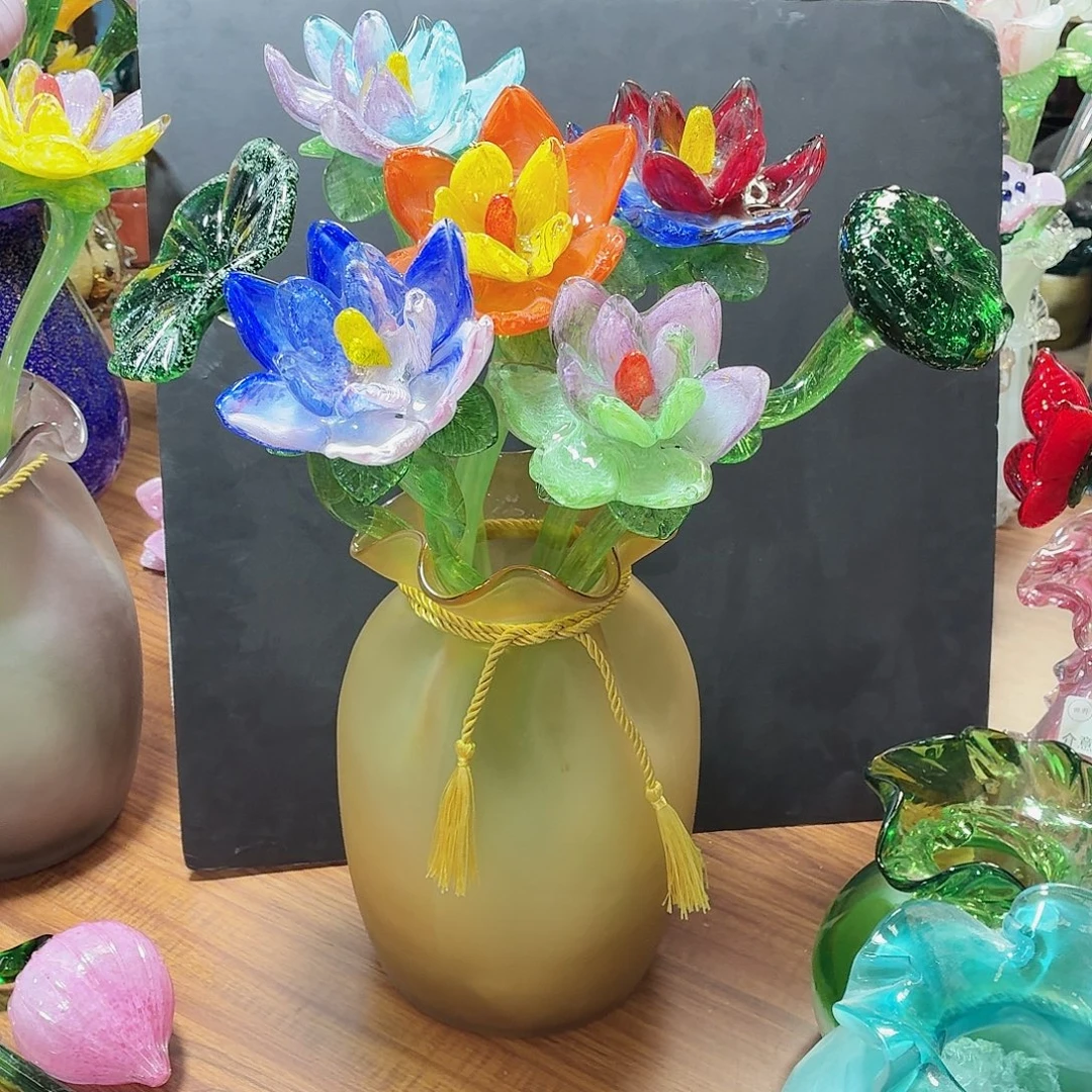 微***。琉璃荷花5支加荷叶莲蓬钱袋子花瓶