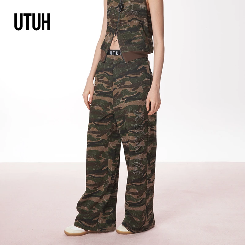 UTUH 双腰头烫钻美式复古迷彩休闲长裤2025春夏新款 TUWWS1K042