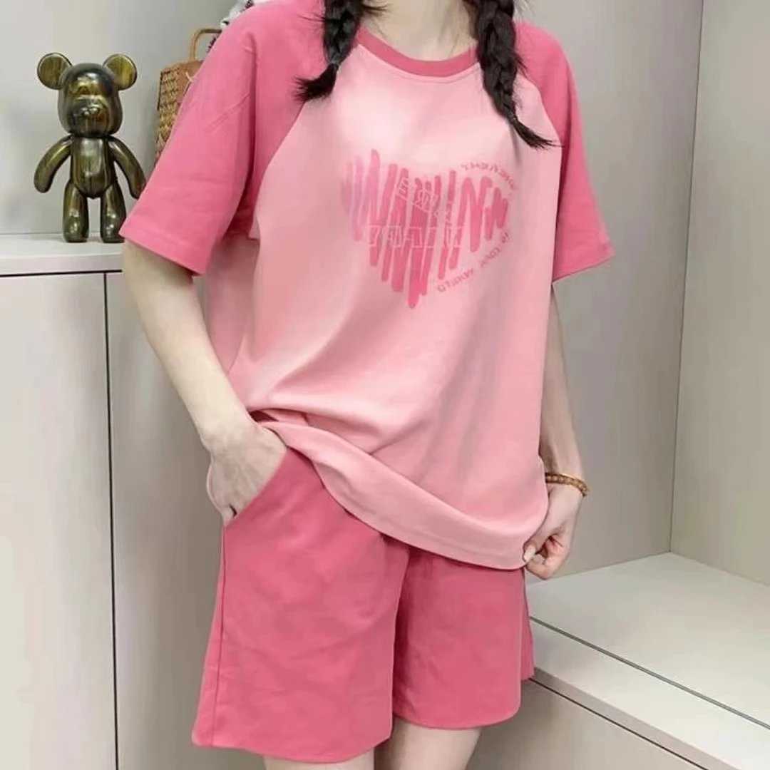 带胸垫夏季短袖韩版休闲时尚家居服外穿夏天睡衣女套装免穿女士