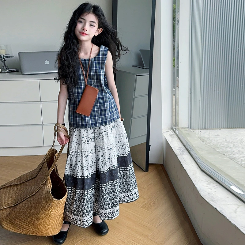 女童夏季2025新款套装洋气时尚格子吊带背心休闲碎花半身裙两件套