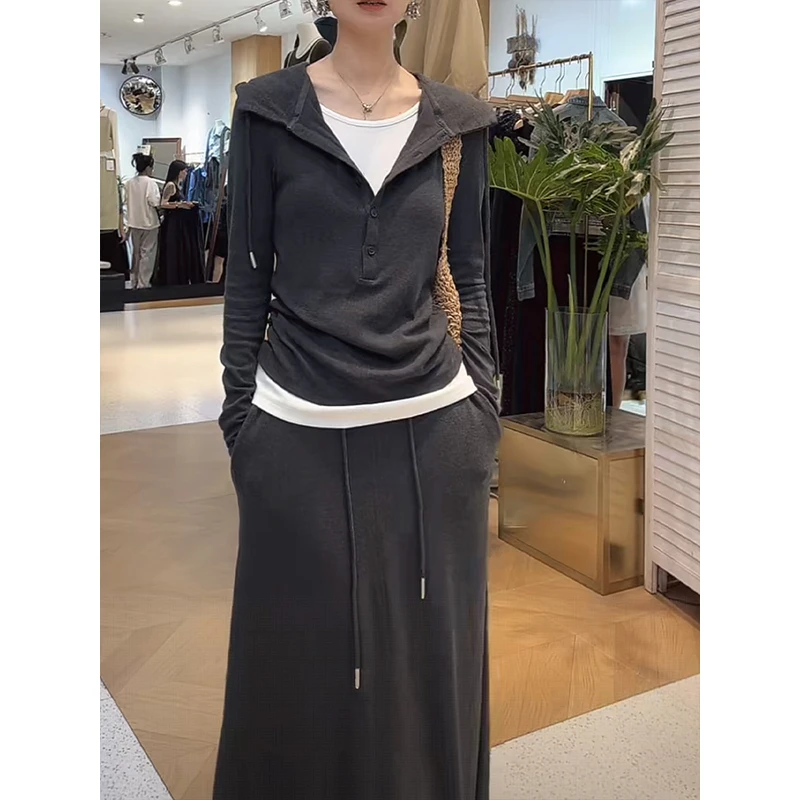 早秋穿搭一整套2025新款时尚简约松弛感连帽上衣+半身裙两件套女