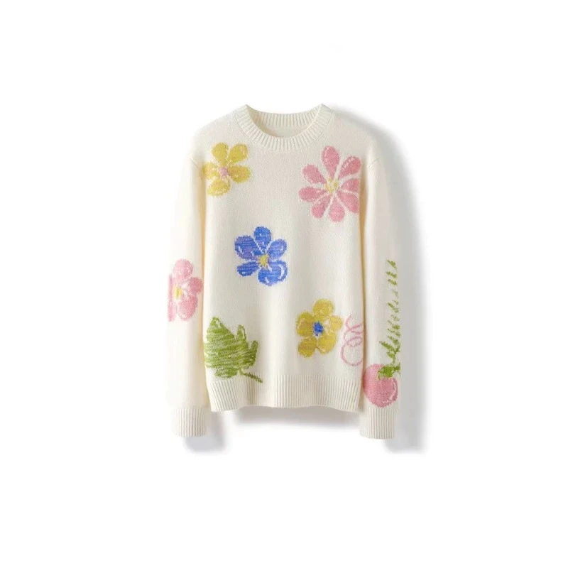 高端纯山羊绒花朵欧洲女圆领针织上衣