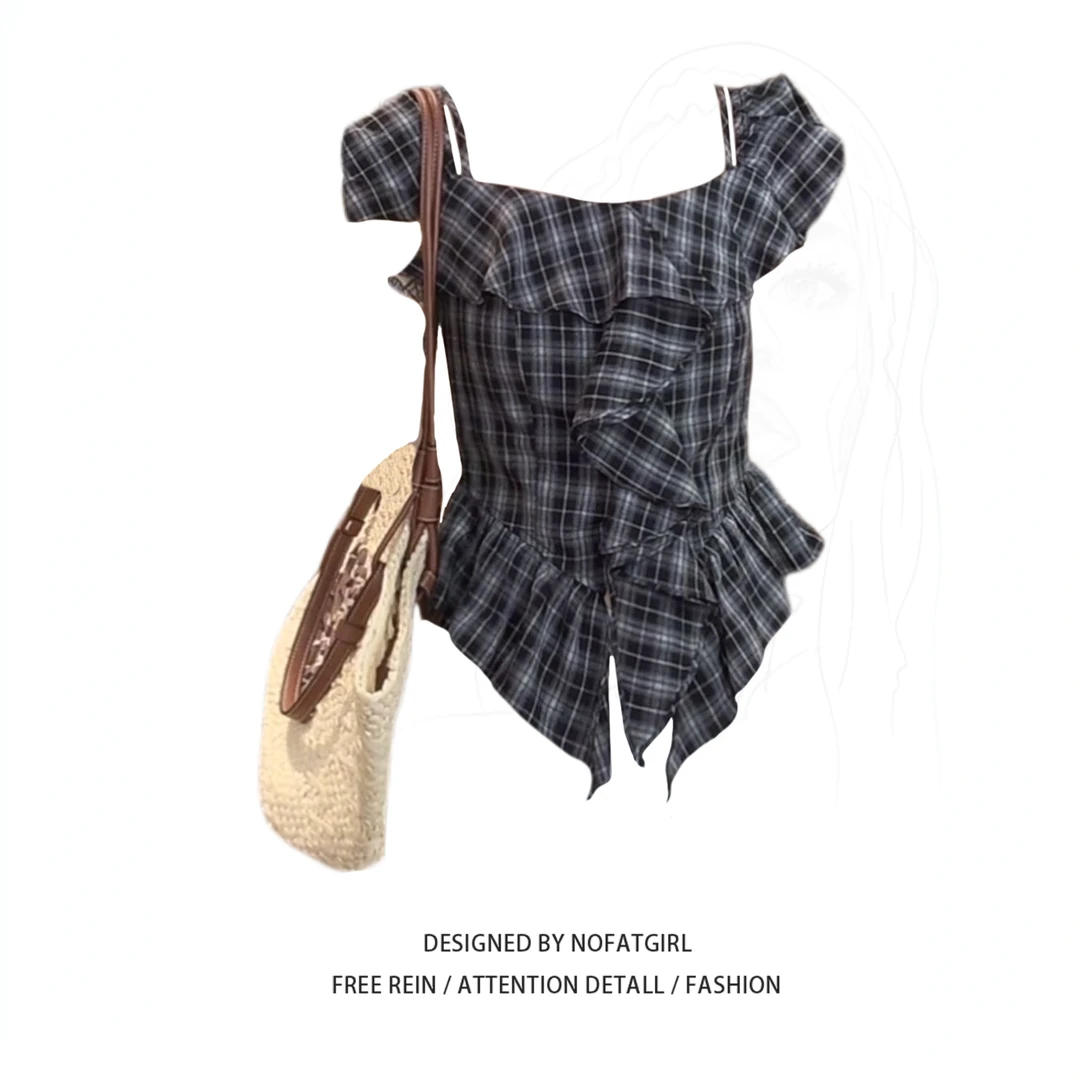 大码胖妹妹法式复古格纹荷叶边短袖衬衫女夏季收腰显瘦设计感上衣