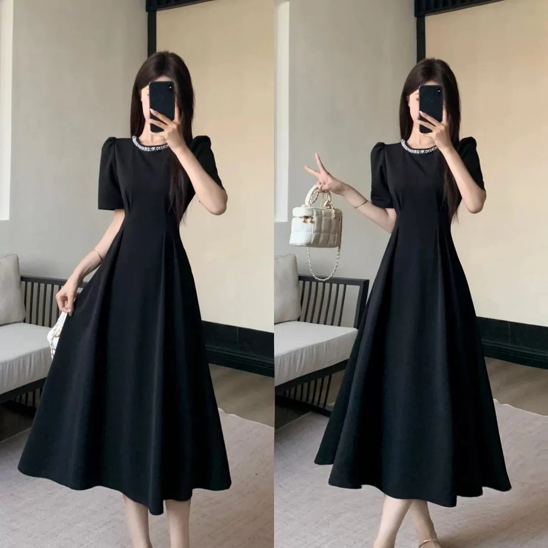 赫本风小众小黑裙裙子夏季短袖黑色休闲长款连衣裙法式