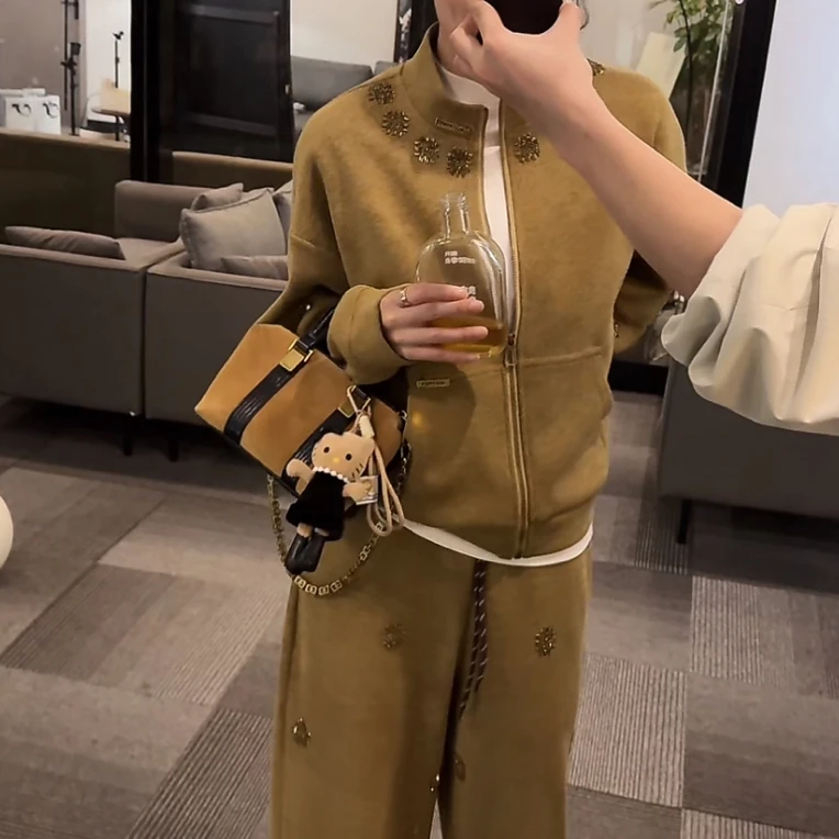 【OS&onshow】秋冬气质显瘦慵懒风立领烫钻外套+时尚阔腿长裤套装