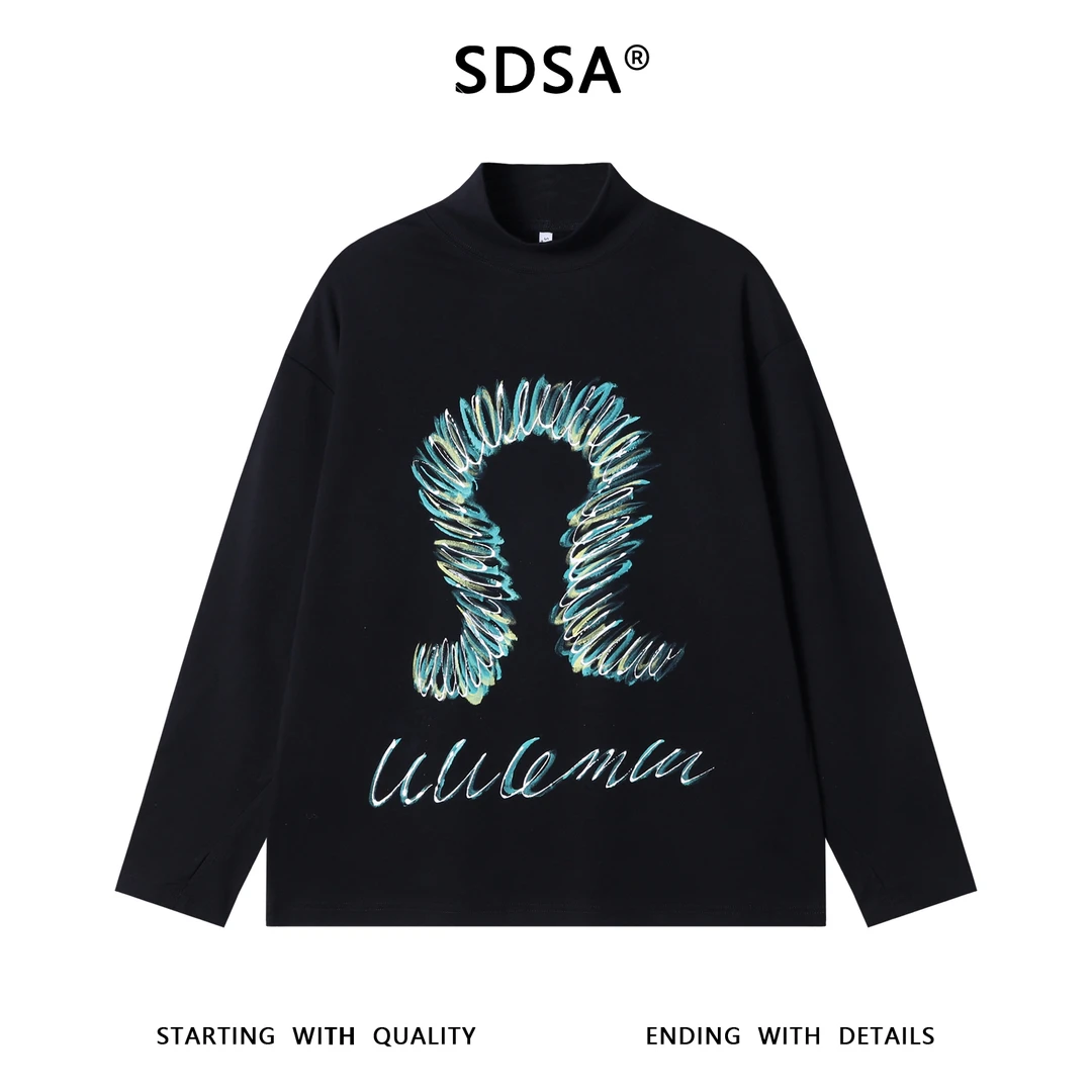 SDSA秋冬新款痞帅男装潮牌撞色涂鸦印花半高领长袖T恤百搭时尚