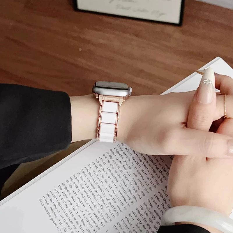 苹果手表表带s10三珠不锈钢金属拼仿陶瓷表链适用applewatch987se