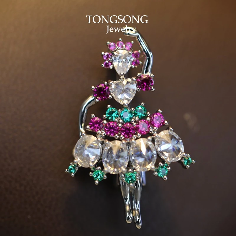 铜合金合成锆石胸针 芭蕾舞蹈女孩胸针奢华大衣优雅西装配饰胸花