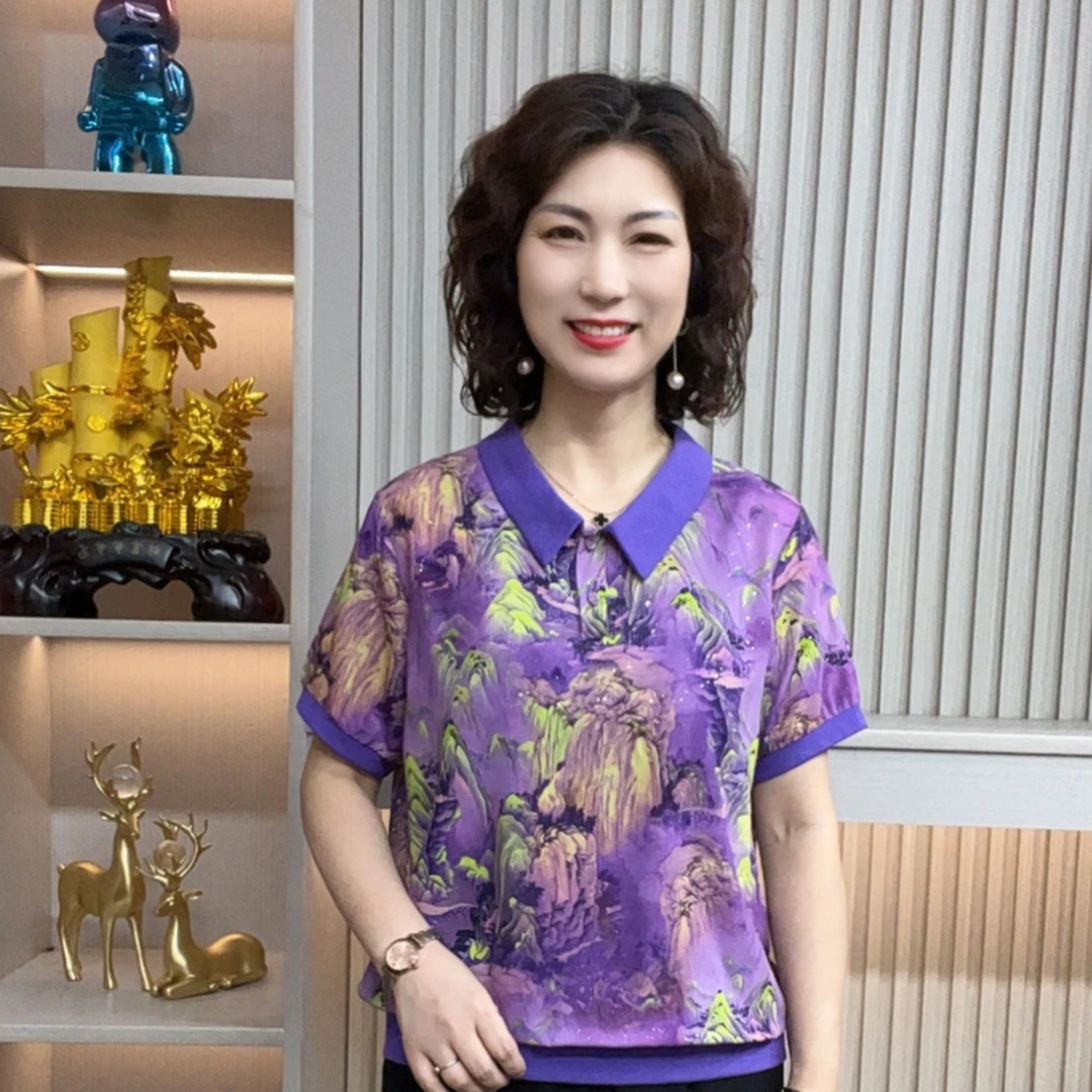 妈妈装流行欧若拉时尚潮牌女装宽松夏装女士独特漂亮小衫休闲短袖