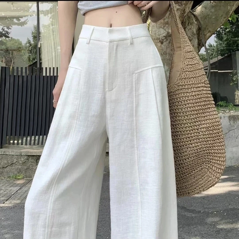 白色亚麻阔腿裤女夏薄款高腰垂感老钱风西装直筒阔腿夏季2507
