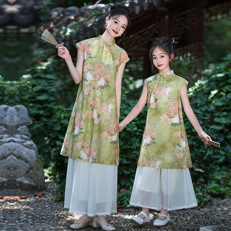 女童旗袍裙套装2025新款夏季国风连衣裙古风儿童汉服母女亲子套装