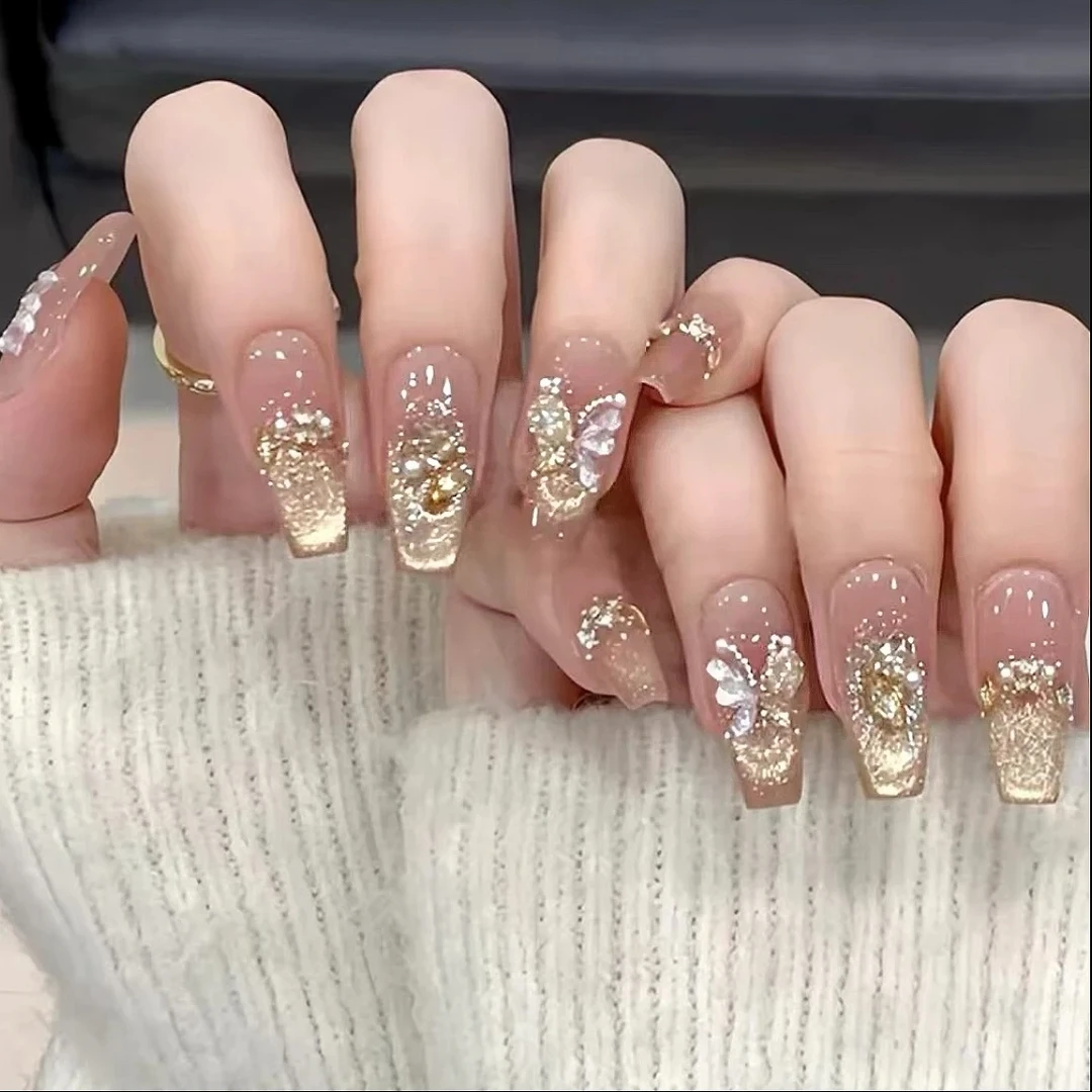 【烫金蝴蝶】时尚清新纯欲高级感穿戴式手工光疗猫眼美甲成品