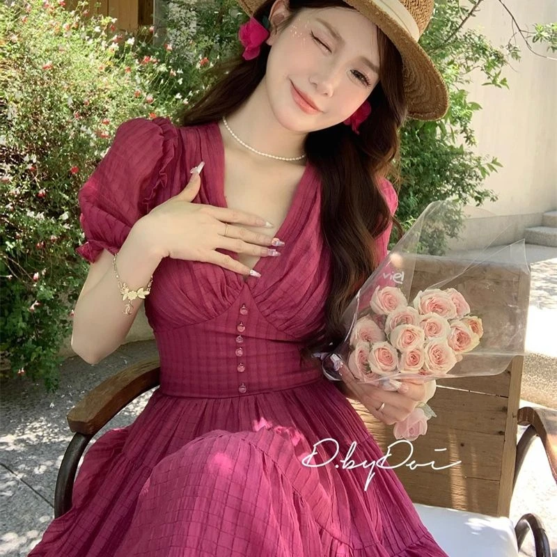 【66%回购率】衣依秀高级露背法式新款泡泡连衣裙气质夏季腰显绑带