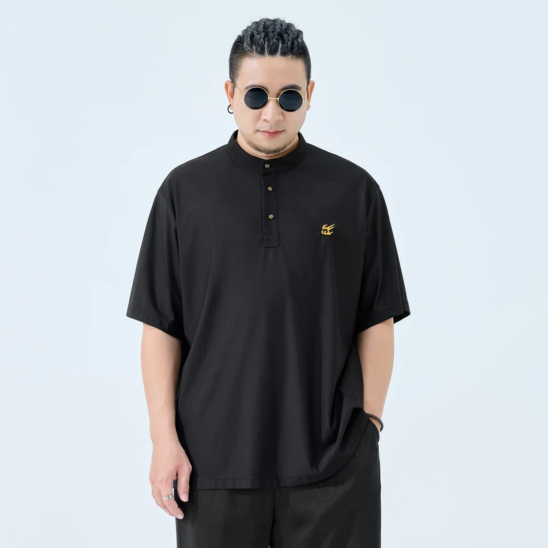 半墨大码男中国风刺绣冰丝polo衫男士宽松新中式短袖t恤胖子0259