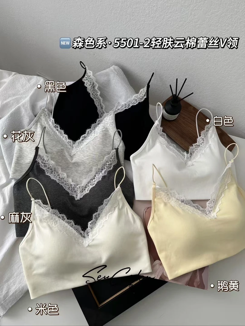 黛美芮5501-2韩系带胸垫蕾丝花边拼接吊带美背心抹胸小胸厚内衣