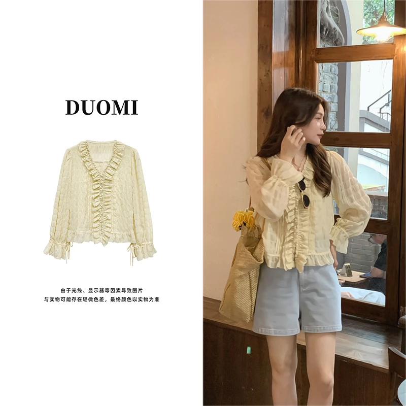 【DUOMI】夏季新款女装百搭时尚设计感木耳边衬衫女上衣小衫D6992