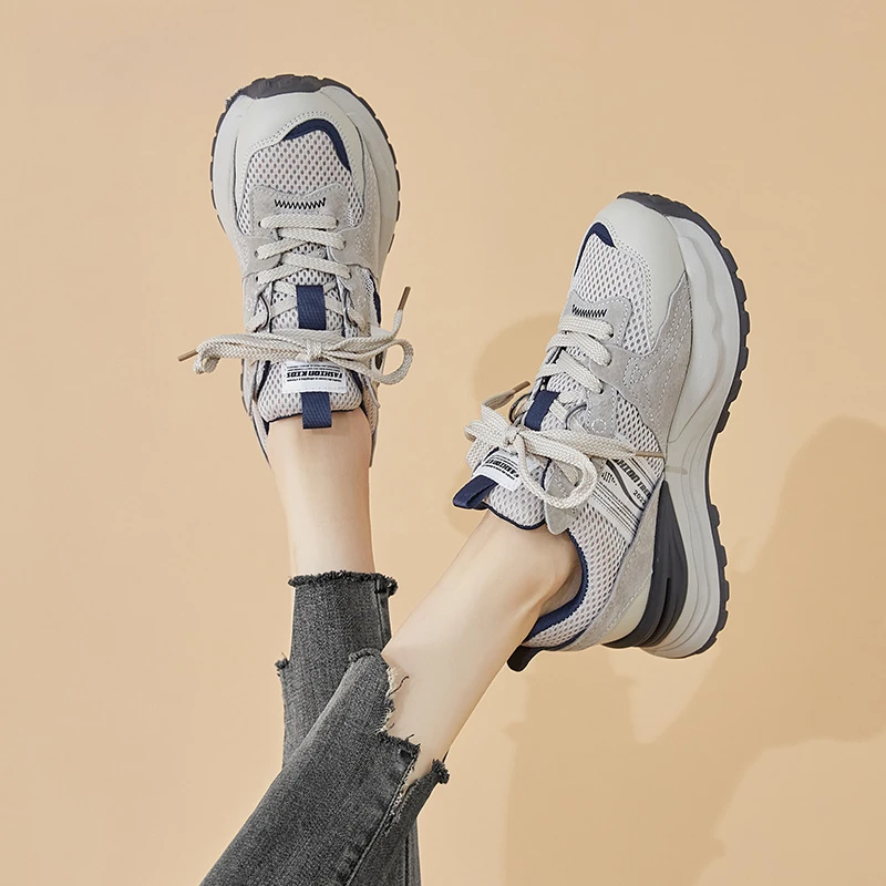 玛古芭春秋款灰色老爹鞋女潮复古厚底重工圆头拼色休闲百搭运动鞋