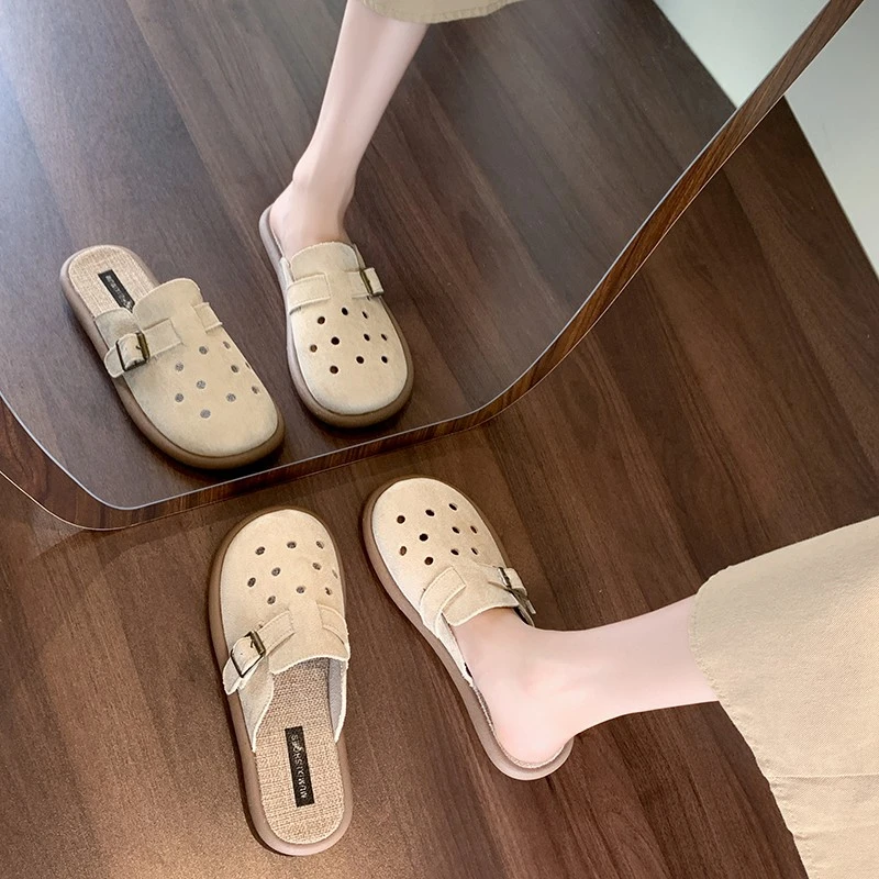 勃肯鞋女夏外穿一脚蹬洞洞鞋包头半拖2025新款复古凉拖平底懒人鞋