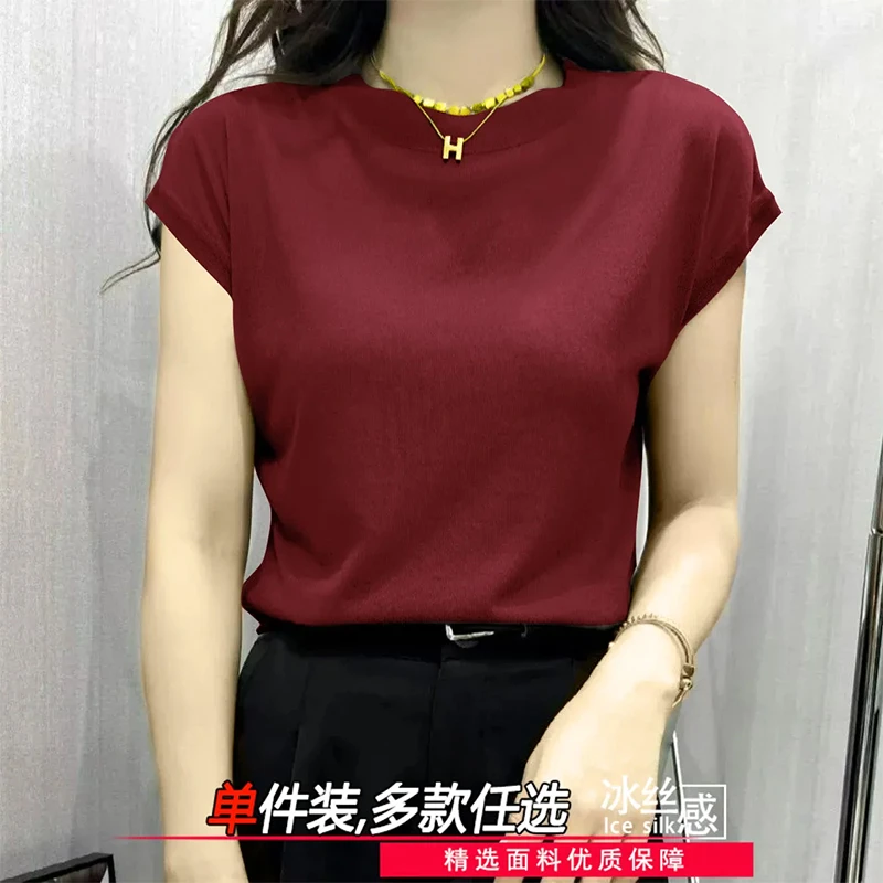 2025年圆领春夏季百搭新款T恤小飞袖t恤设计感时尚女纯色冰丝上衣