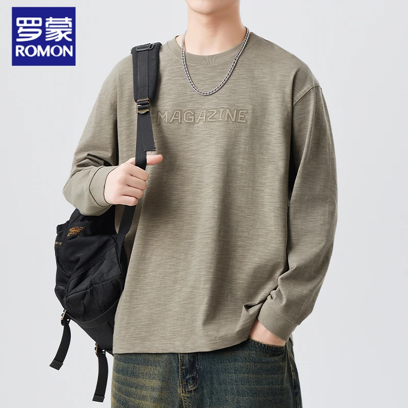 罗蒙高级美式时尚纯棉长袖T恤男2025春季宽松休闲圆领内搭打底衫