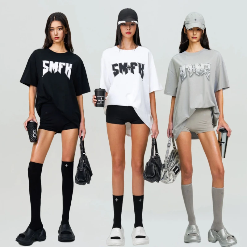 实拍灰色宽松复古字母印花短袖潮人街头棉质