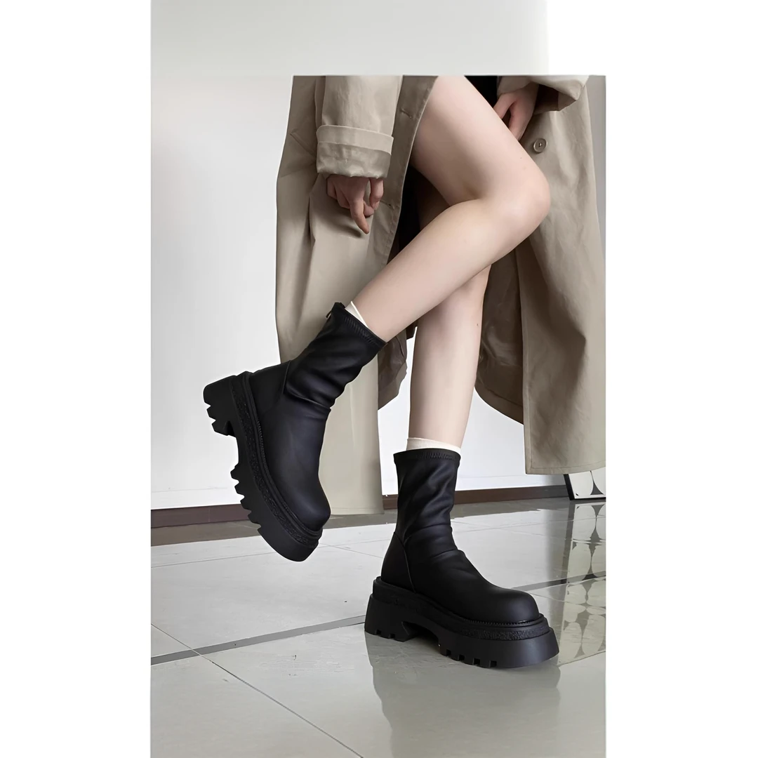 短靴女厚底弹力靴2025秋冬新款瘦瘦靴百搭显瘦堆堆靴小个子女靴子