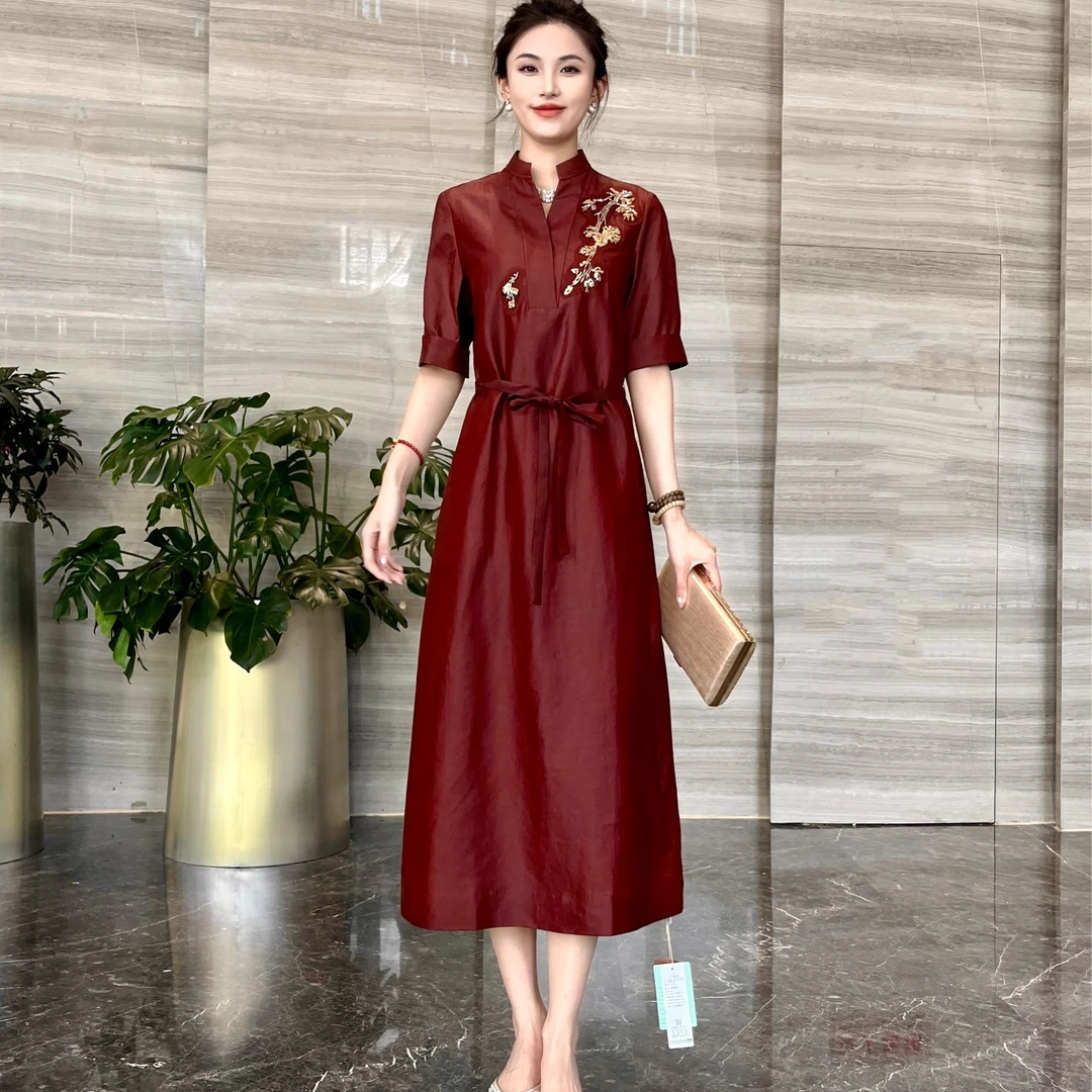 FSSIA云瑾-红云纱石榴花红油皮龟100桑蚕丝国风珠片刺绣连衣裙105