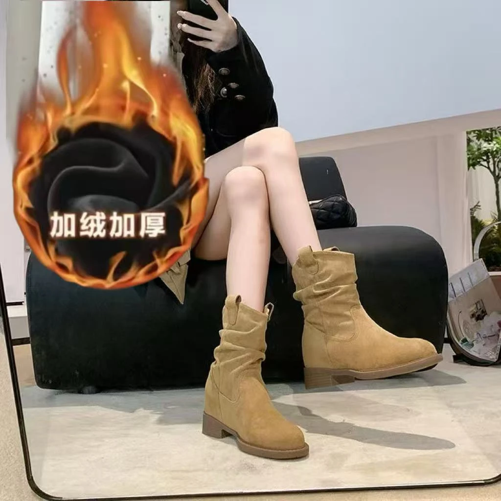 华俪姐妹【加绒 平底增高8cm】美拉德V口堆堆靴女中筒显瘦褶皱